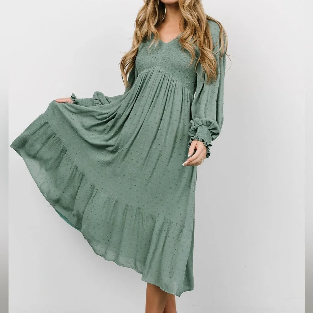 Baltic Born Lainey Smocked Dotted Midi Dress Dark Sage L NWT IN PACKAGE